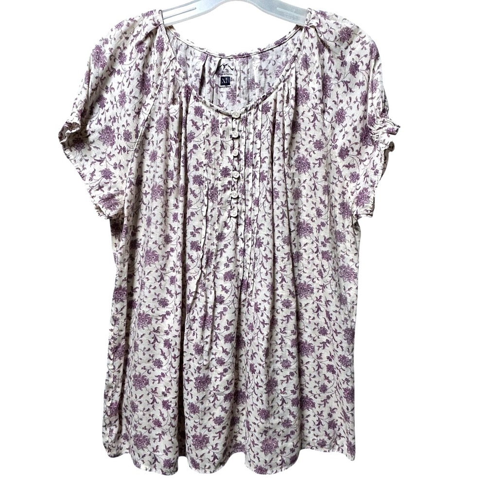 Blue Mountain Peasant Top Womens XL Pintuck Smock Floral Pleated Blouse Buttons